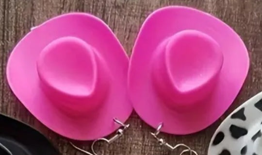 Acrylic Cowboy Hat Pink Western Design Drop Dangle Earrings