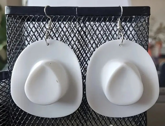 Acrylic Cowboy Hat White Western Design Drop Dangle Earrings