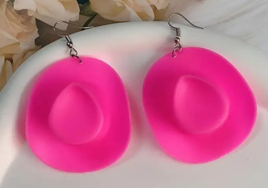 Acrylic Cowboy Hat Pink Western Design Drop Dangle Earrings