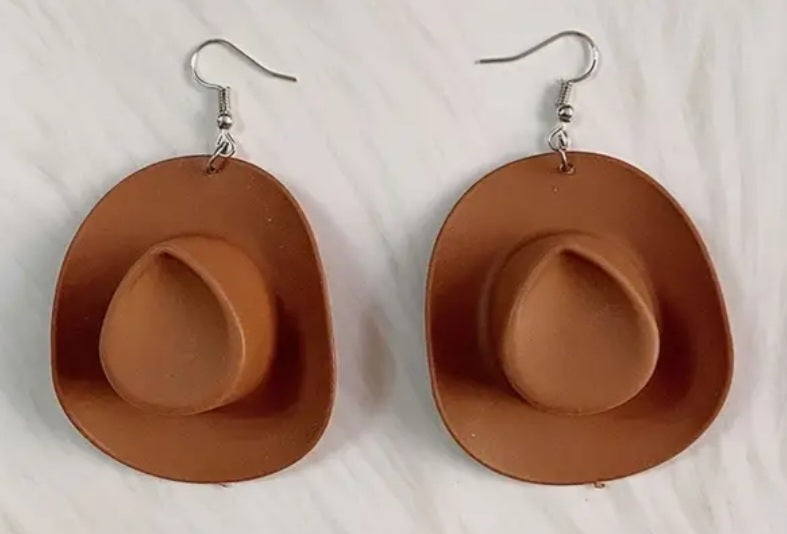 Acrylic Cowboy Hat Brown Tan Western Design Drop Dangle Earrings