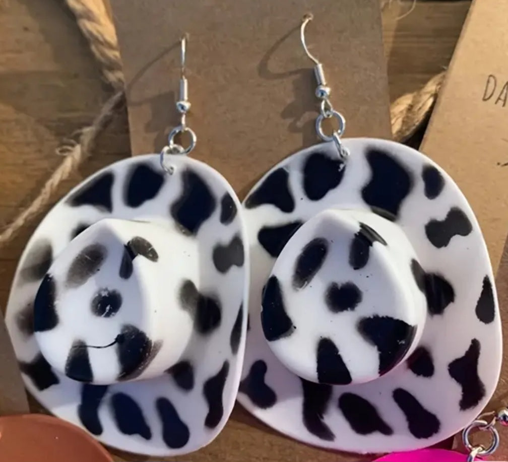 Acrylic Cowboy Hat Black White Cow Print Western Design Drop Dangle Earrings