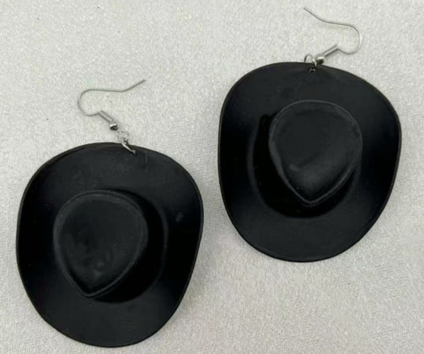 Acrylic Cowboy Hat Black Western Design Drop Dangle Earrings