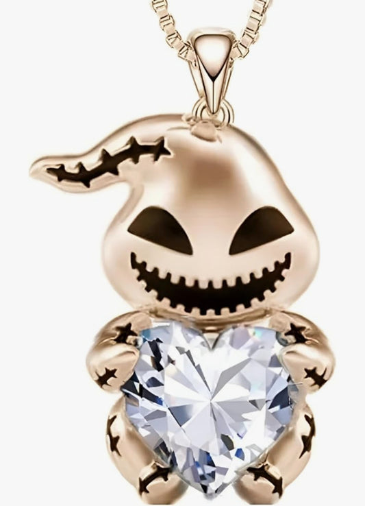 Nightmare Before Christmas Oogie Boogie Inspired White Zircon Heart Gold Plated Pendant Necklace