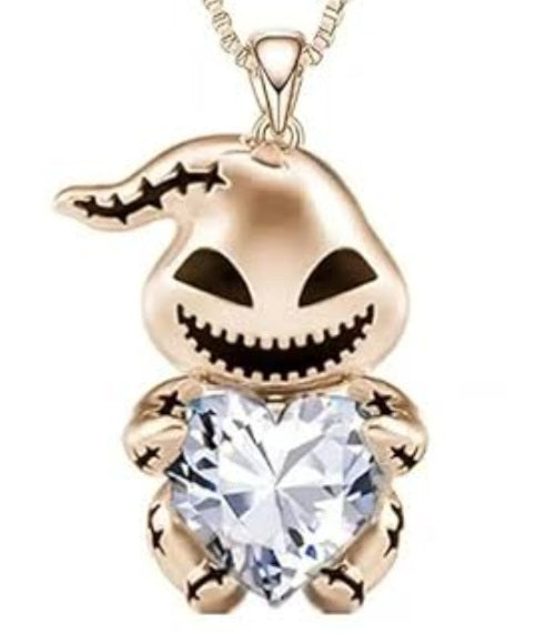 Nightmare Before Christmas Oogie Boogie Inspired White Zircon Heart Gold Plated Pendant Necklace