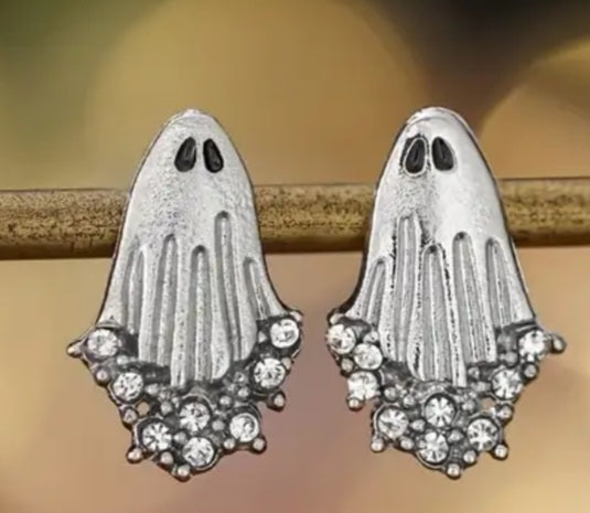 Gothic Halloween Ghost Rhinestone Silver Plated Small Stud Earrings