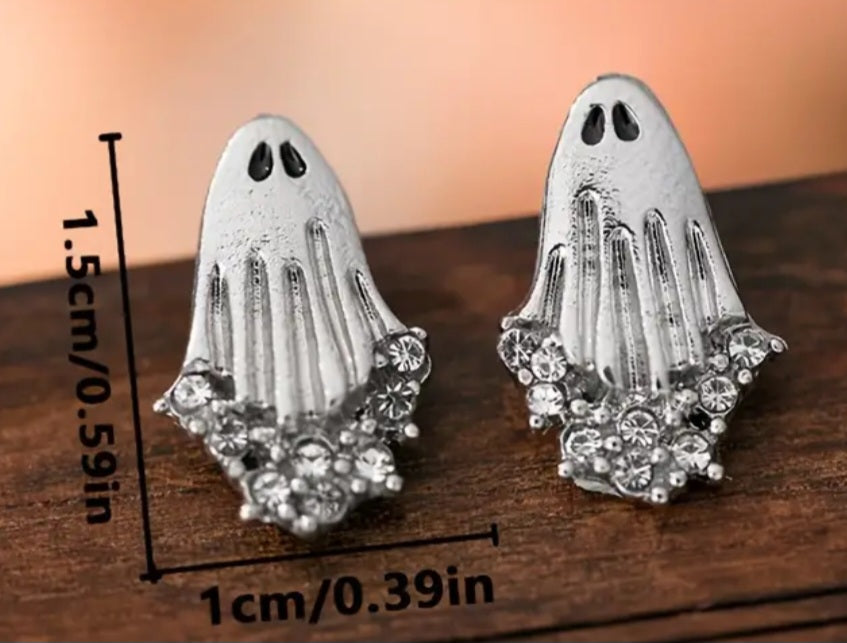 Gothic Halloween Ghost Rhinestone Silver Plated Small Stud Earrings