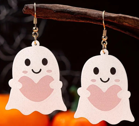 Acrylic Cartoon Ghost With Heart Design Halloween Drop Dangle Earrings