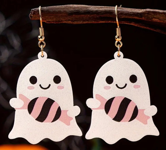 Acrylic Cartoon Ghost With Candy Design Halloween Drop Dangle Earrings