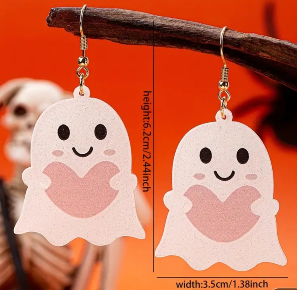 Acrylic Cartoon Ghost With Heart Design Halloween Drop Dangle Earrings