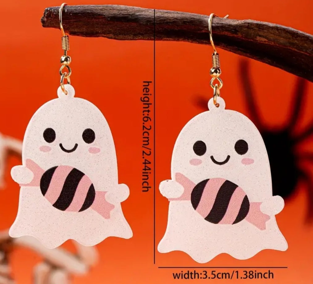 Acrylic Cartoon Ghost With Candy Design Halloween Drop Dangle Earrings