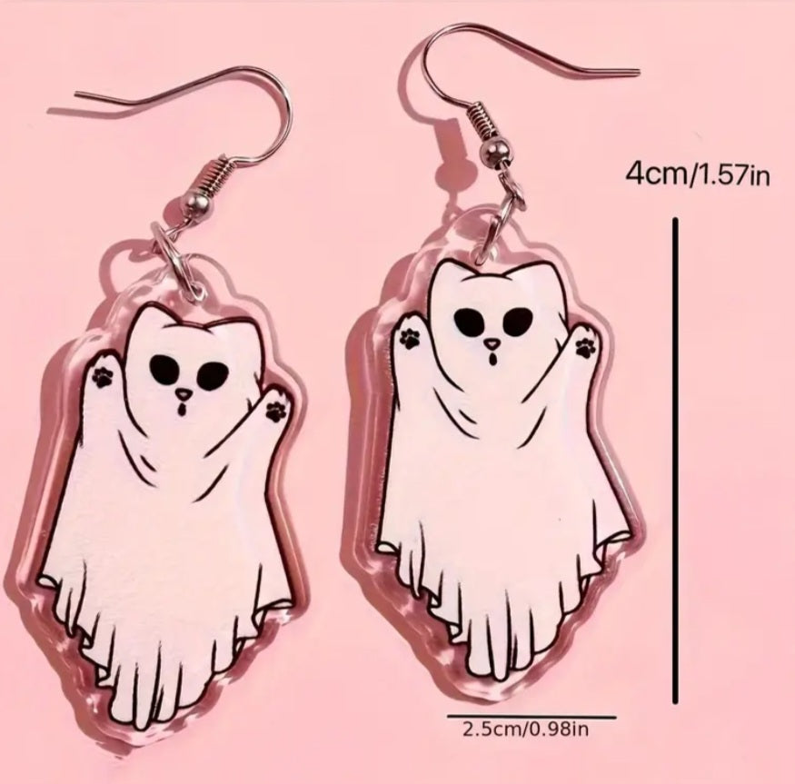 Acrylic Cartoon Ghost Cat Kitty Design Halloween Drop Dangle Earrings