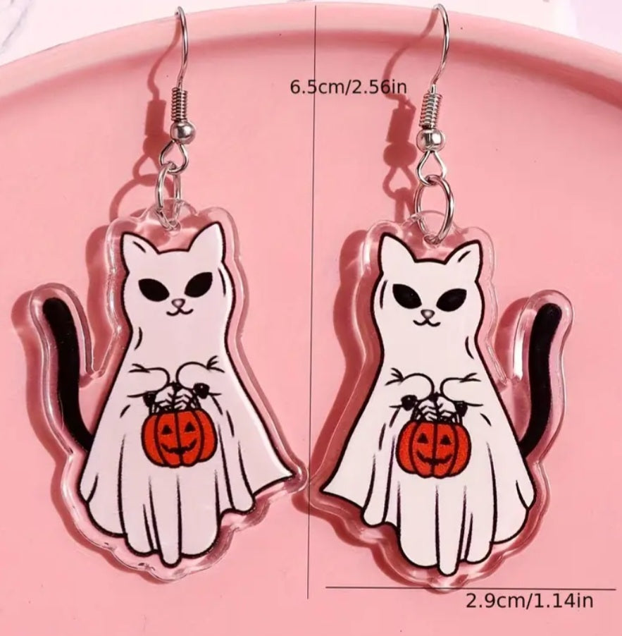 Acrylic Cartoon Ghost Cat Kitty With Pumpkin Design Halloween Drop Dangle Earrings