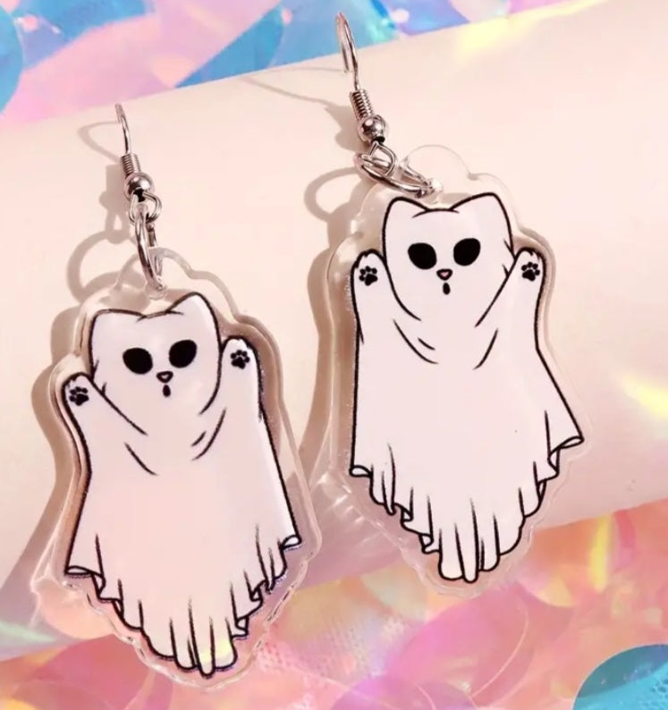 Acrylic Cartoon Ghost Cat Kitty Design Halloween Drop Dangle Earrings