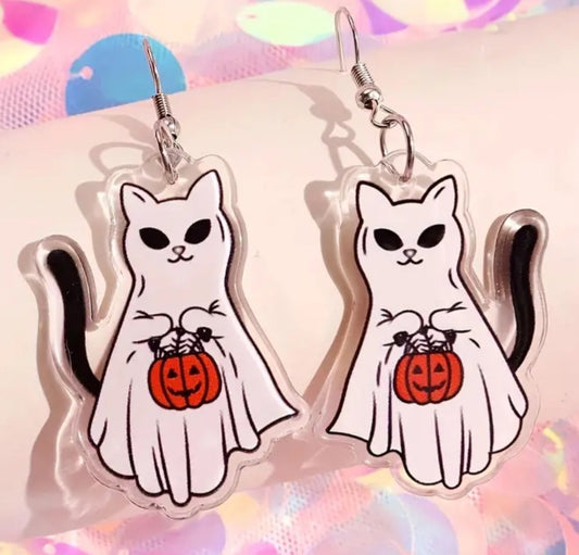 Acrylic Cartoon Ghost Cat Kitty With Pumpkin Design Halloween Drop Dangle Earrings