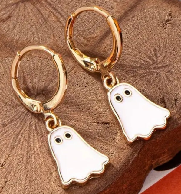 Enamel Painted Cartoon White Ghost  Gold Plated Metal Hallowwen Dangle Earrings