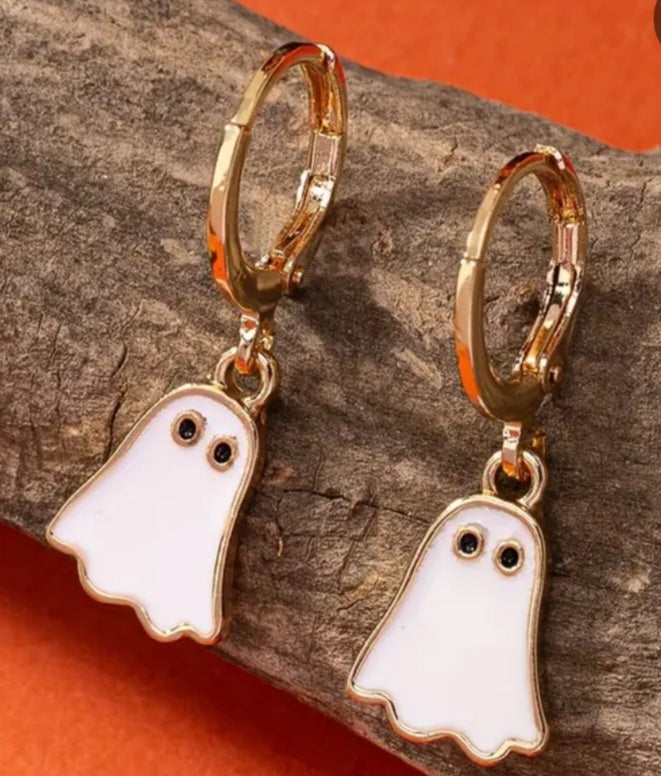 Enamel Painted Cartoon White Ghost  Gold Plated Metal Hallowwen Dangle Earrings