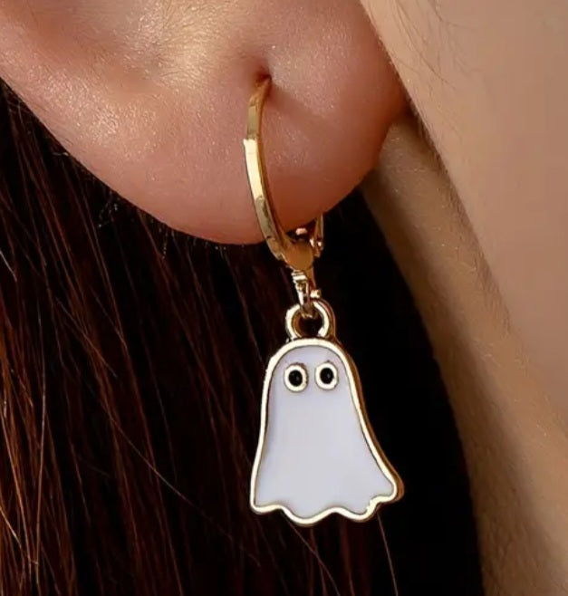 Enamel Painted Cartoon White Ghost  Gold Plated Metal Hallowwen Dangle Earrings