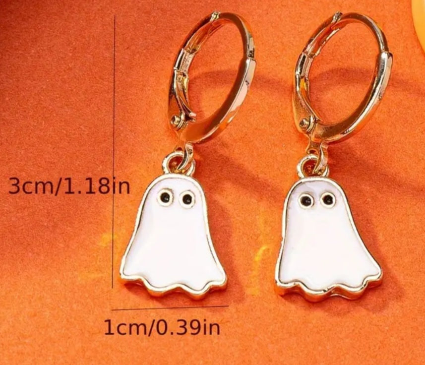 Enamel Painted Cartoon White Ghost  Gold Plated Metal Hallowwen Dangle Earrings