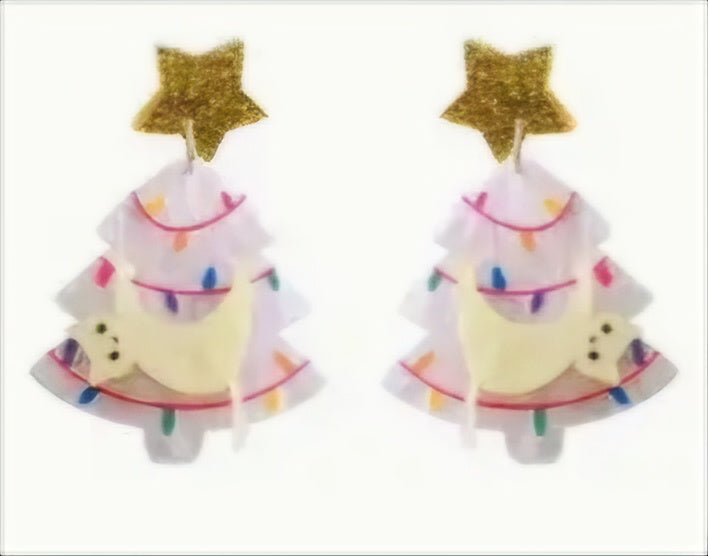 Acrylic Festive Christmas Tree With Cat Pink Design Drop Dangle Earrings