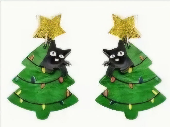 Acrylic Festive Christmas Tree With Cat Green Design Drop Dangle Earrings