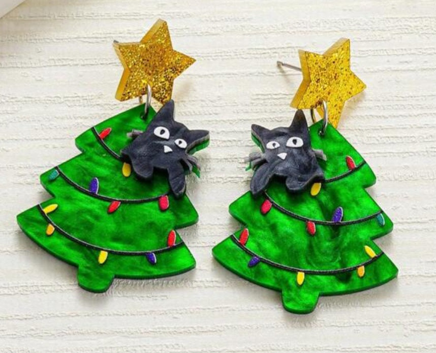 Acrylic Festive Christmas Tree With Cat Green Design Drop Dangle Earrings