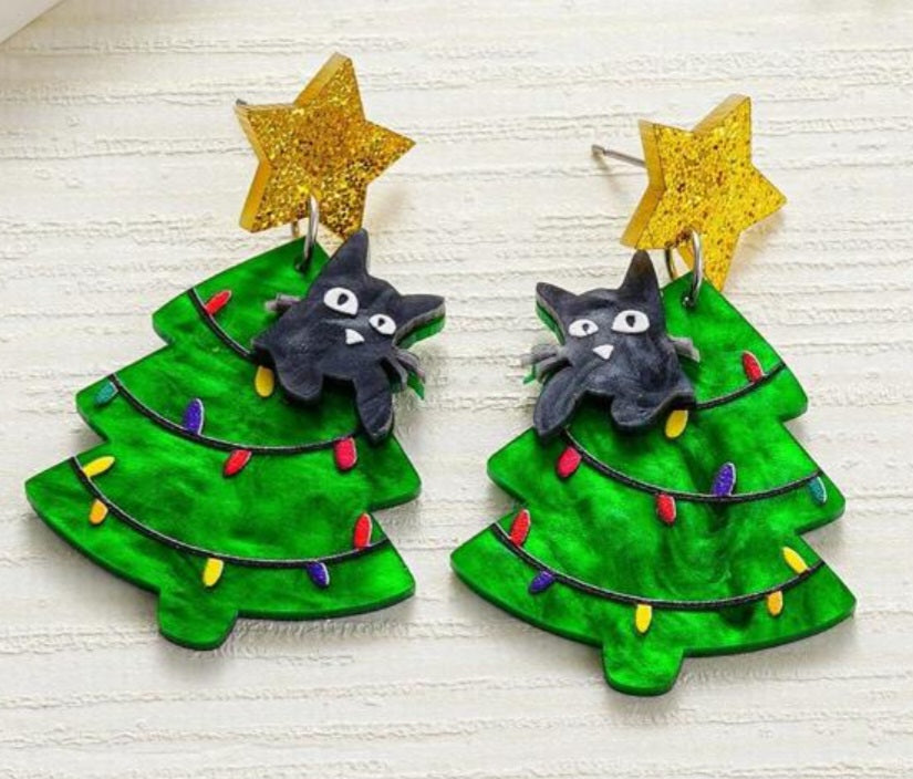 Acrylic Festive Christmas Tree With Cat Green Design Drop Dangle Earrings