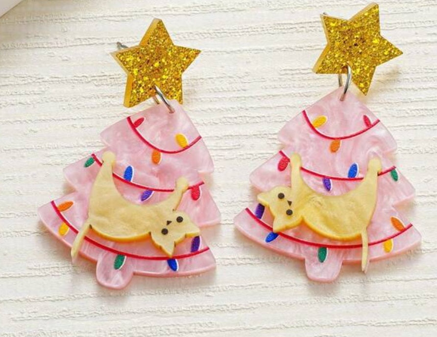 Acrylic Festive Christmas Tree With Cat Pink Design Drop Dangle Earrings