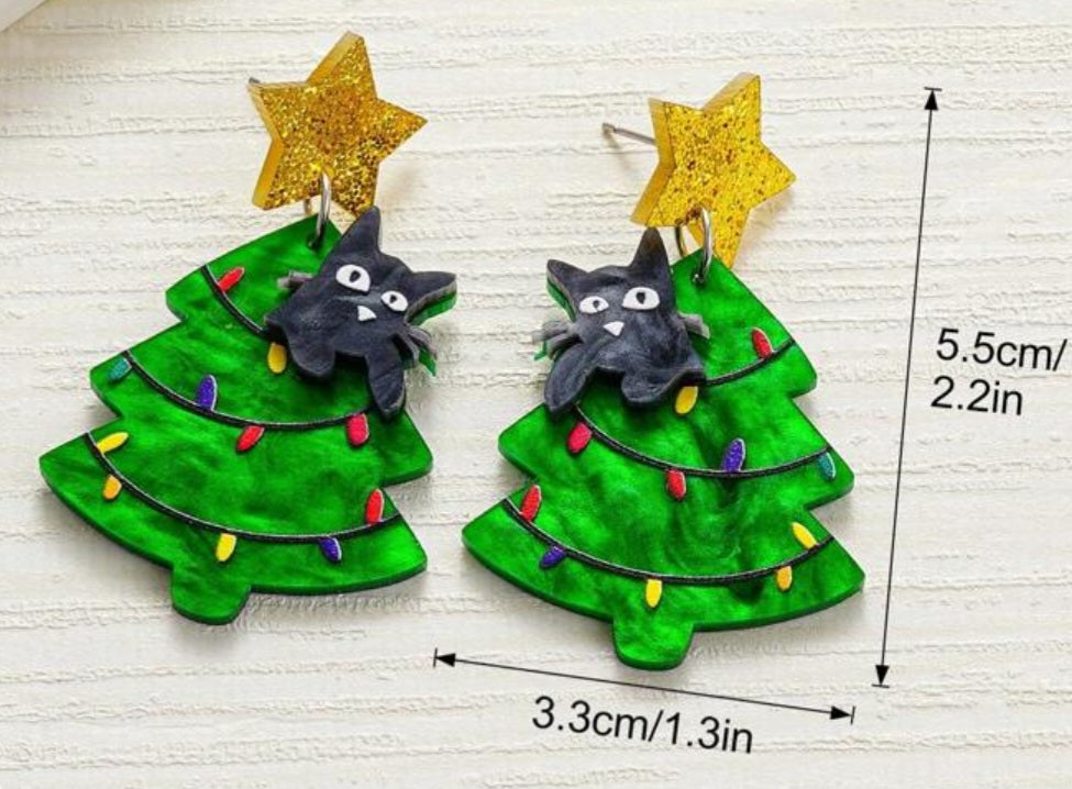 Acrylic Festive Christmas Tree With Cat Green Design Drop Dangle Earrings