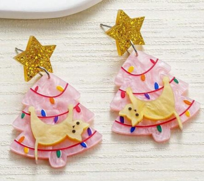 Acrylic Festive Christmas Tree With Cat Pink Design Drop Dangle Earrings