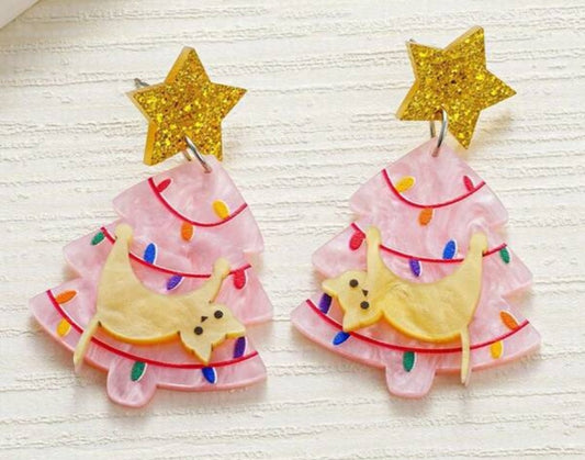 Acrylic Festive Christmas Tree With Cat Pink Design Drop Dangle Earrings