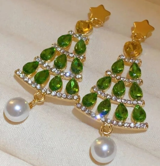 Christmas Festive Rhinestones Green Tree Gold Plated With Faux Pearl Drop Dangle Earrings