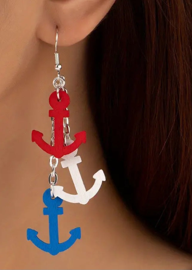 Red White Blue Anchor Nautical Chain Drop Dangle Earrings