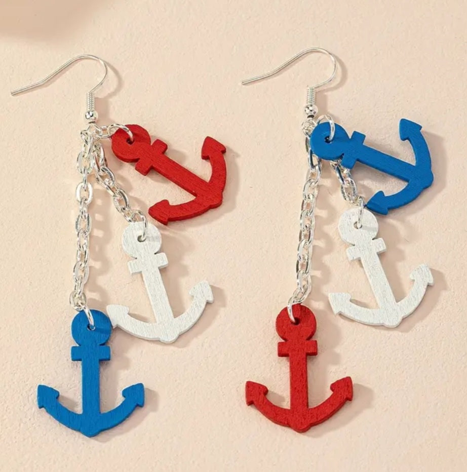 Red White Blue Anchor Nautical Chain Drop Dangle Earrings