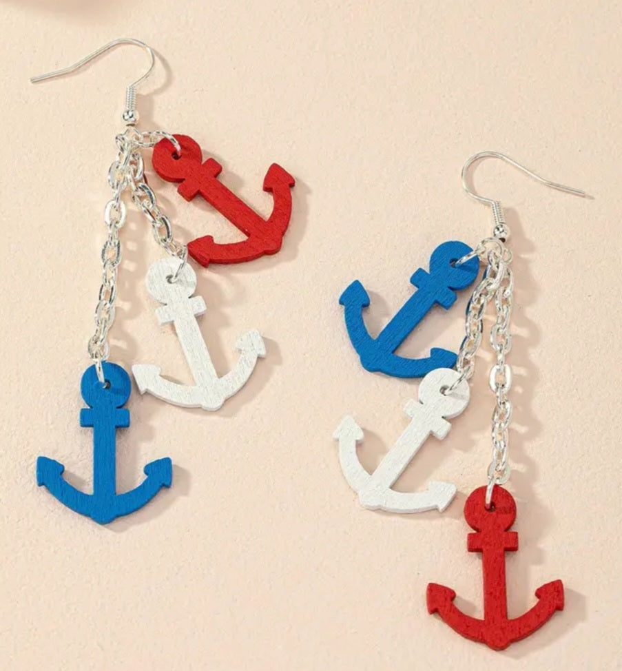 Red White Blue Anchor Nautical Chain Drop Dangle Earrings