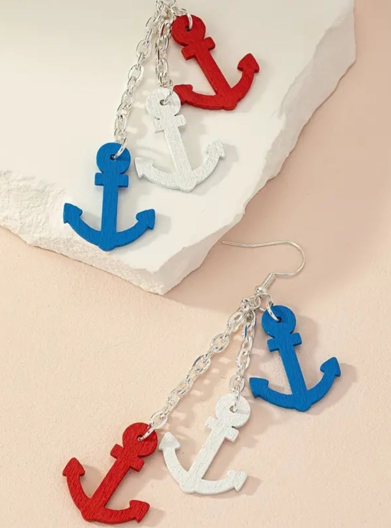 Red White Blue Anchor Nautical Chain Drop Dangle Earrings