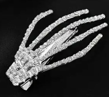 Gothic Halloween Claw Skeleton Hand Silver Plated Rhinestone Inlay Hair Clip