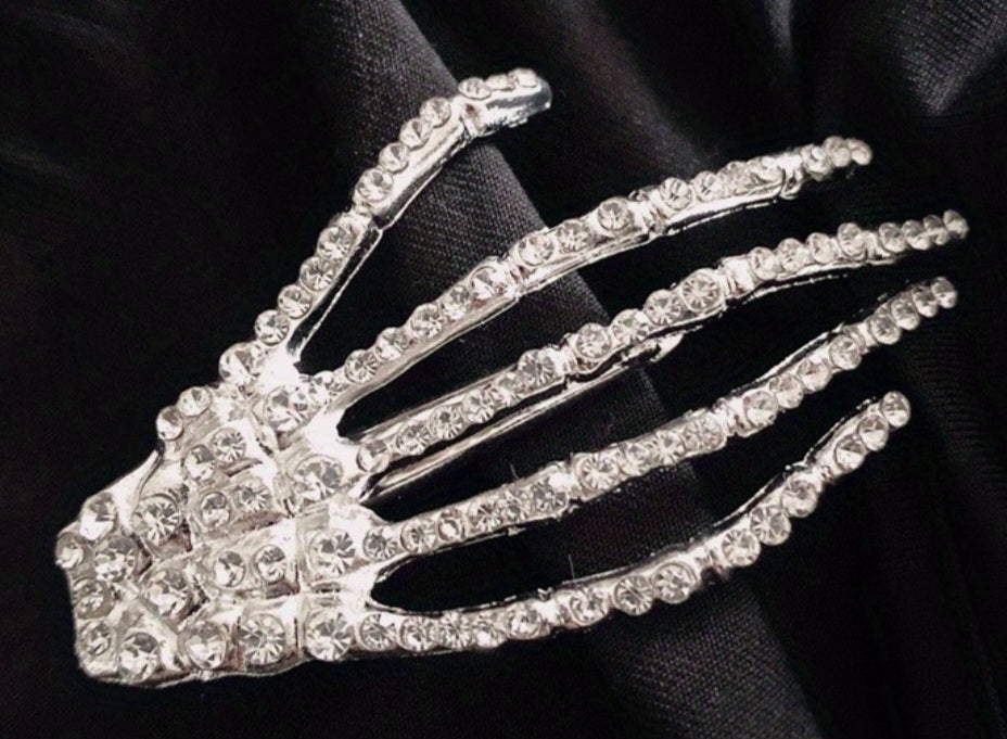 Gothic Halloween Claw Skeleton Hand Silver Plated Rhinestone Inlay Hair Clip