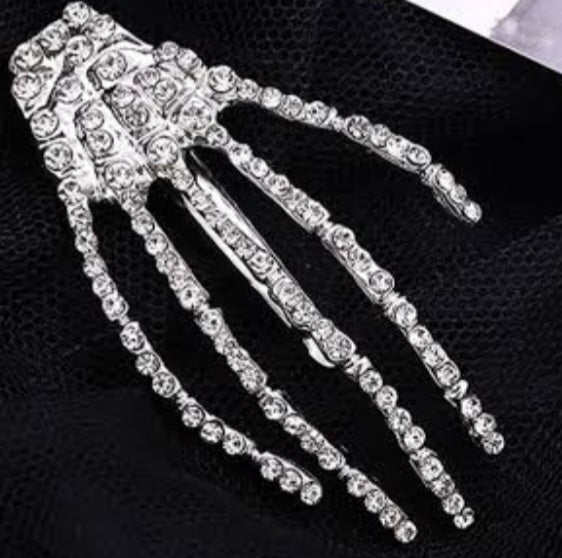 Gothic Halloween Claw Skeleton Hand Silver Plated Rhinestone Inlay Hair Clip