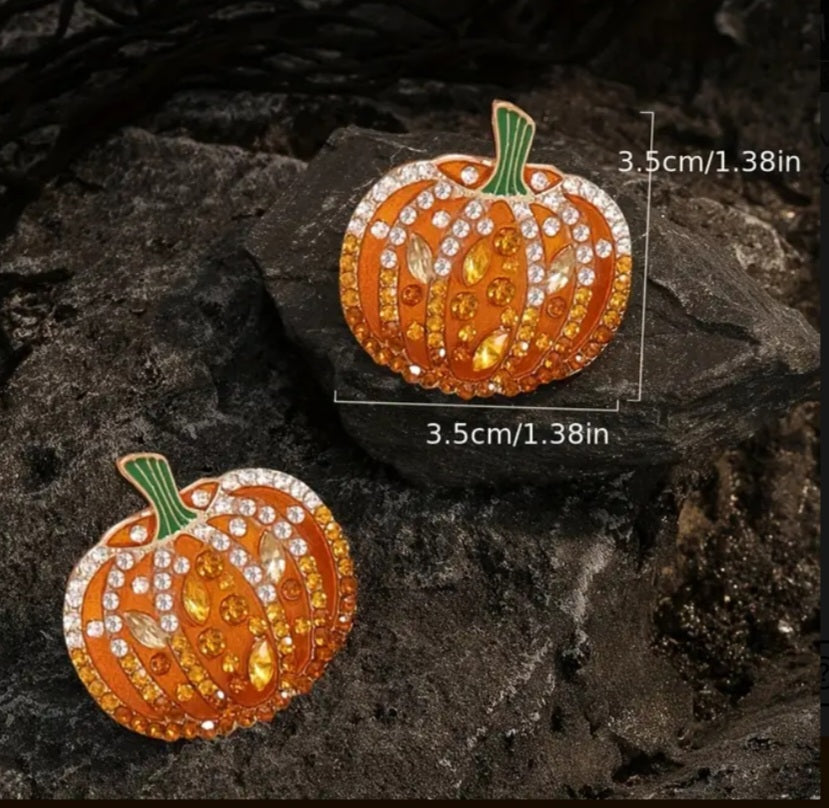 Autumn Fall Halloween Pumpkin Rhinestone Inlay Large Stud Earrings