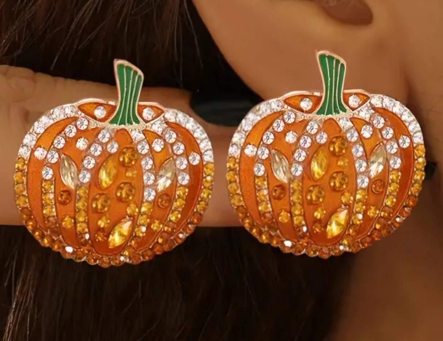 Autumn Fall Halloween Pumpkin Rhinestone Inlay Large Stud Earrings