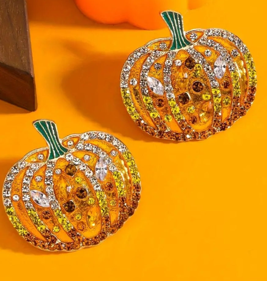 Autumn Fall Halloween Pumpkin Rhinestone Inlay Large Stud Earrings