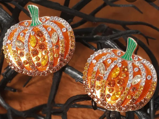 Autumn Fall Halloween Pumpkin Rhinestone Inlay Large Stud Earrings