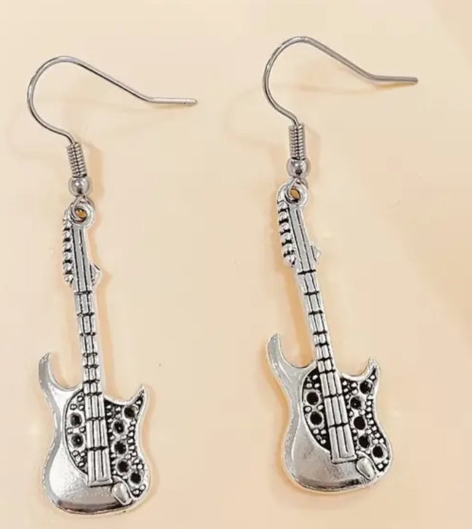 Electric Guitar Punk Rock Muscian Metal Design Silver Plated Drop Dangle Earrings