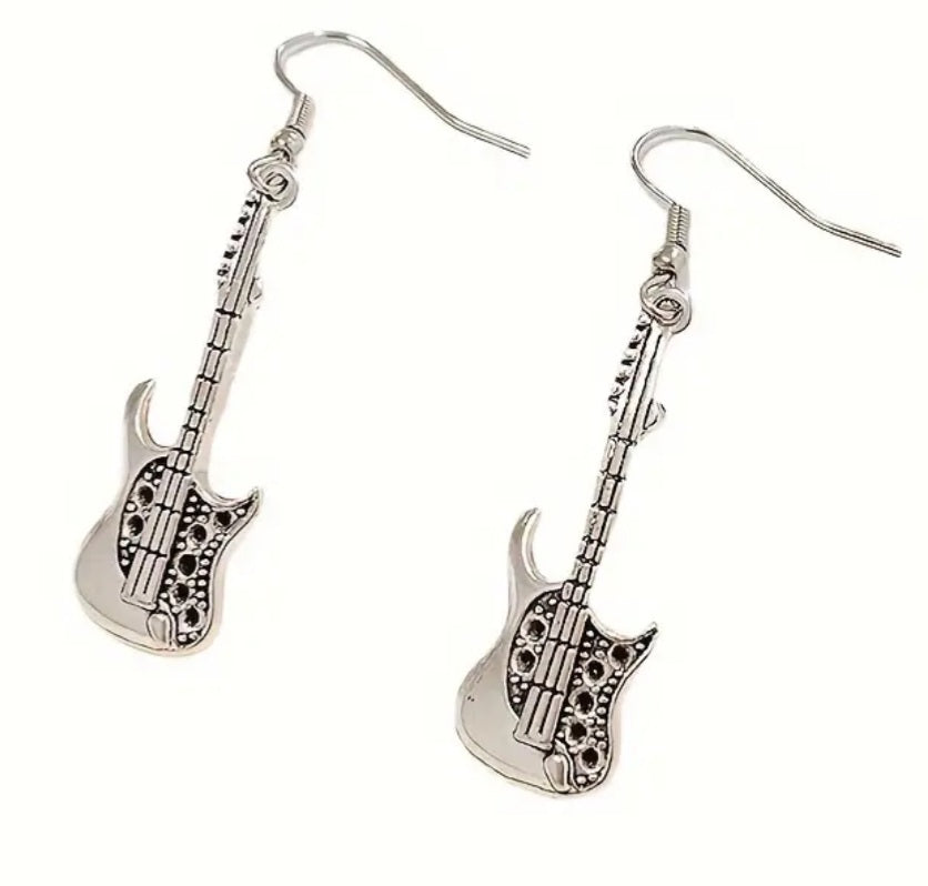 Electric Guitar Punk Rock Muscian Metal Design Silver Plated Drop Dangle Earrings