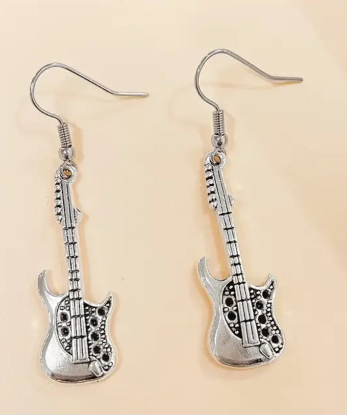 Electric Guitar Punk Rock Muscian Metal Design Silver Plated Drop Dangle Earrings