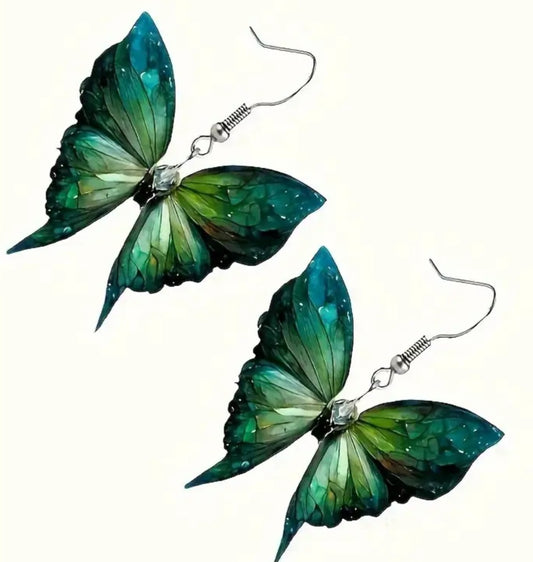 Acrylic Green Butterfly Design Drop Dangle Earrings