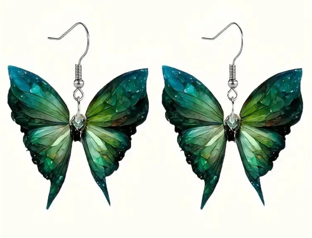 Acrylic Green Butterfly Design Drop Dangle Earrings