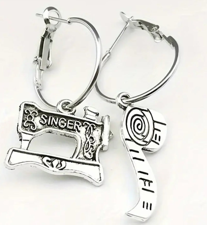 Antique Vintage Singer Sewing Machine Measuring Tape Silver Plated Retro Drop Dangle Earrings