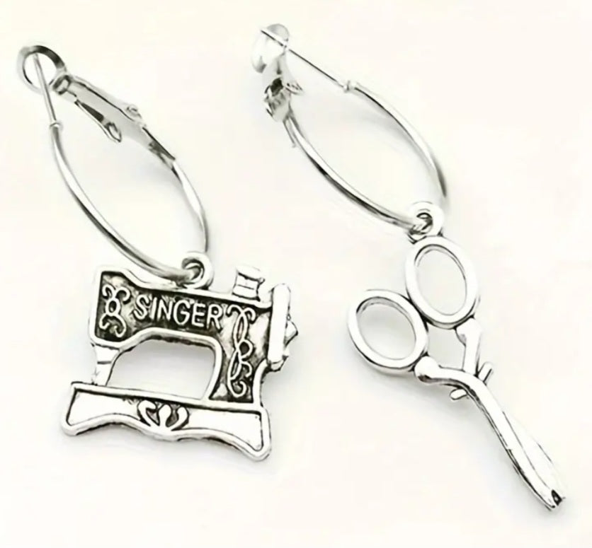 Antique Vintage Singer Sewing Machine Scissors Silver Plated Retro Drop Dangle Earrings