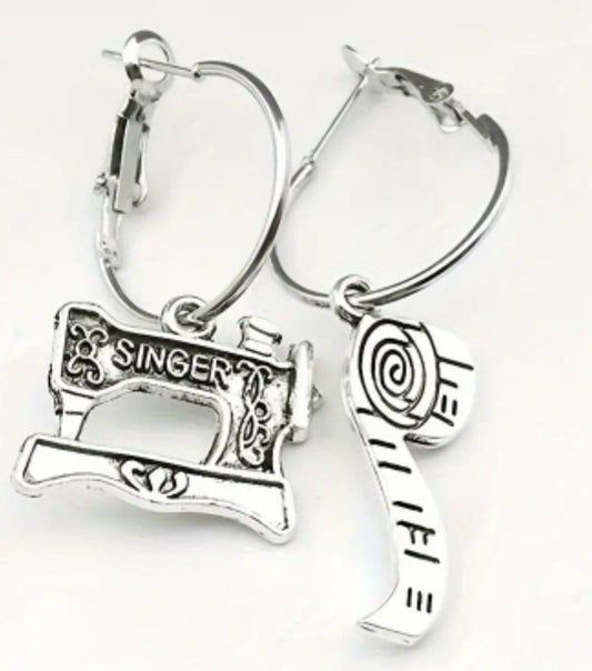 Antique Vintage Singer Sewing Machine Measuring Tape Silver Plated Retro Drop Dangle Earrings